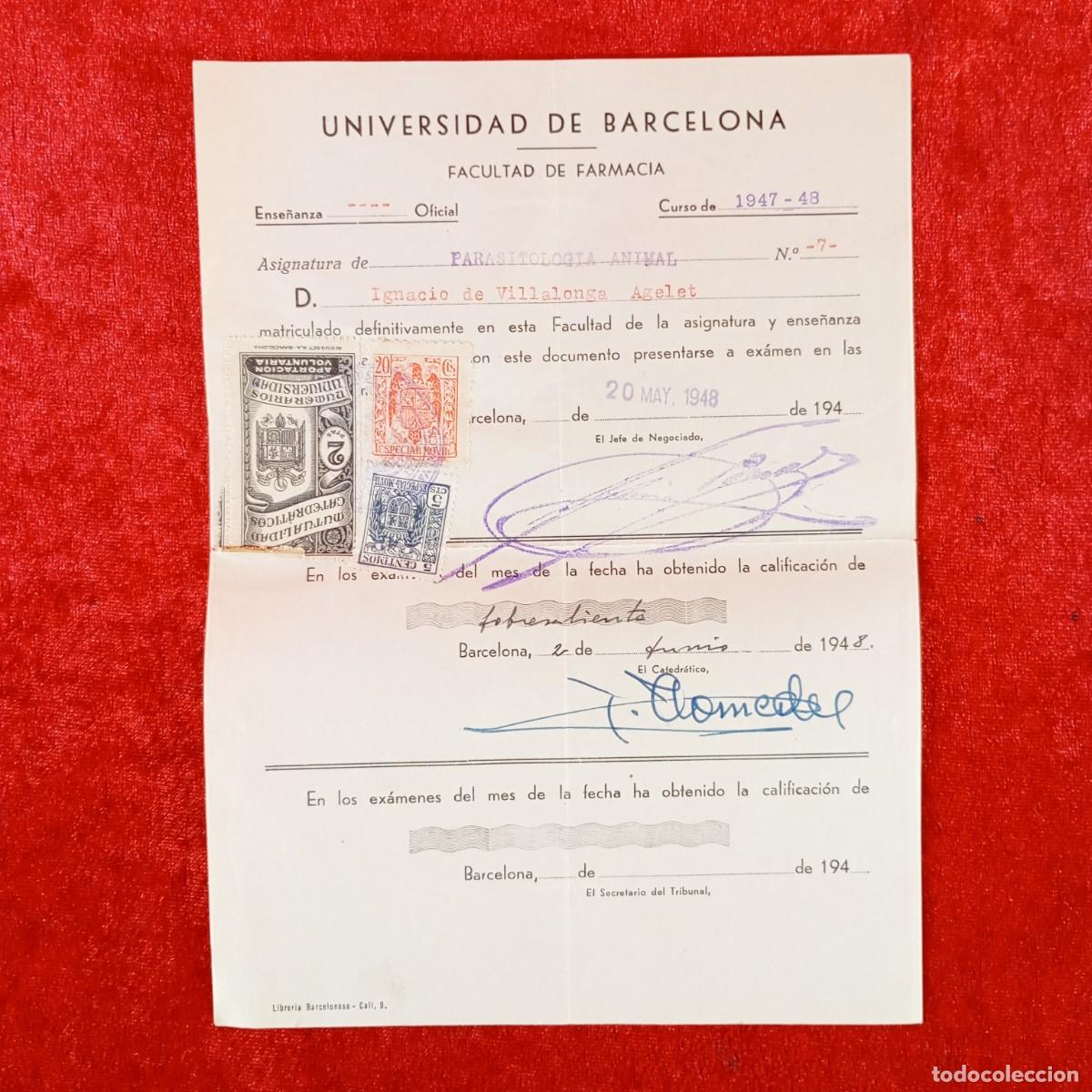 Documentos antiguos: MATRICULA - UNIVERSIDAD DE BARCELONA - FACULTAD DE FARMACIA - A&Ntilde;OS 40 / 679