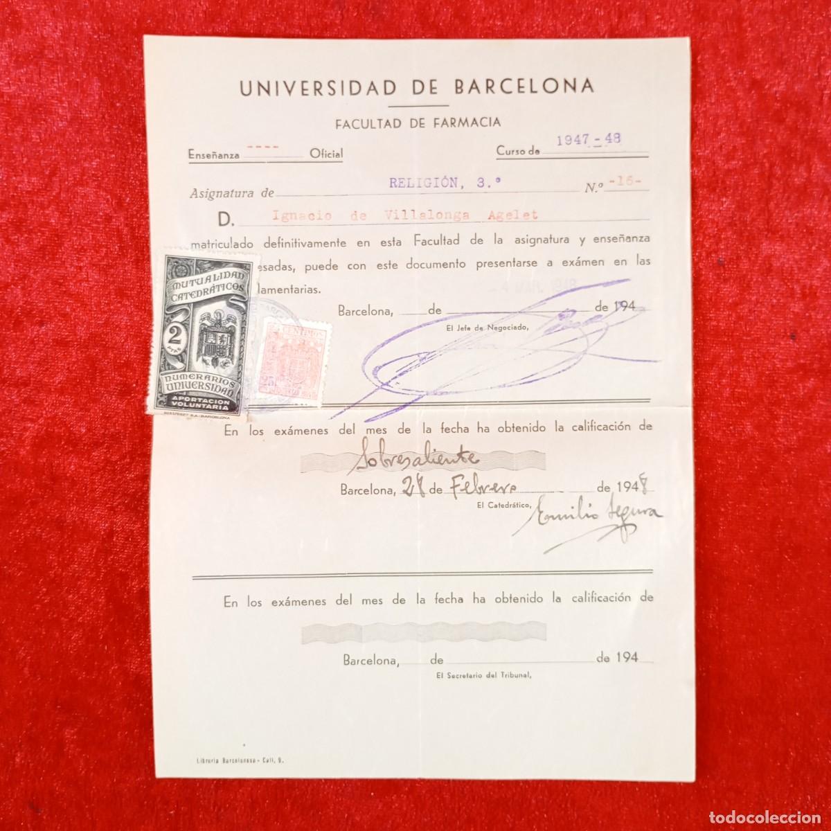Documentos antiguos: MATRICULA - UNIVERSIDAD DE BARCELONA - FACULTAD DE FARMACIA - A&Ntilde;OS 40 / 681