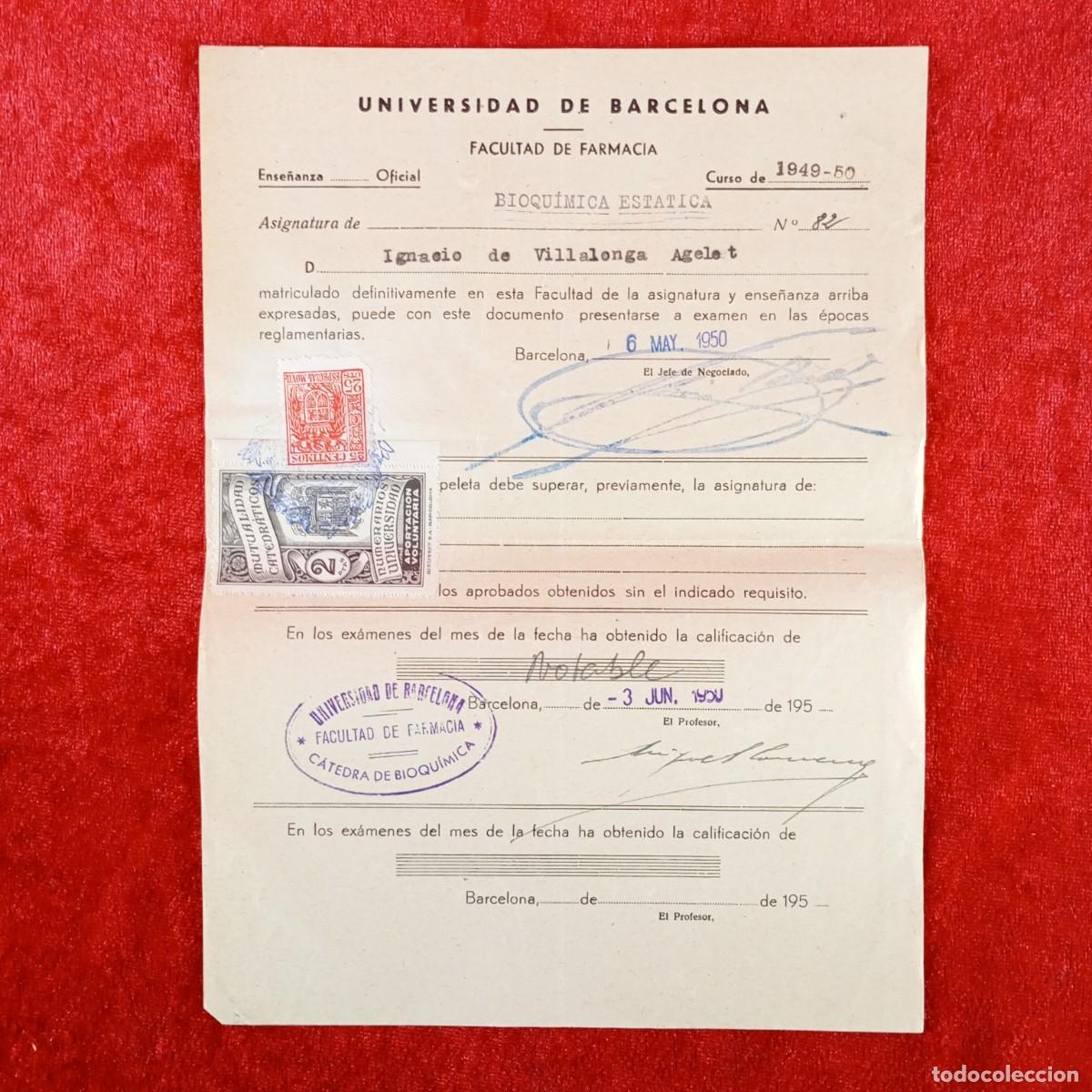 Documentos antiguos: MATRICULA - UNIVERSIDAD DE BARCELONA - FACULTAD DE FARMACIA - A&Ntilde;OS 40 / 692