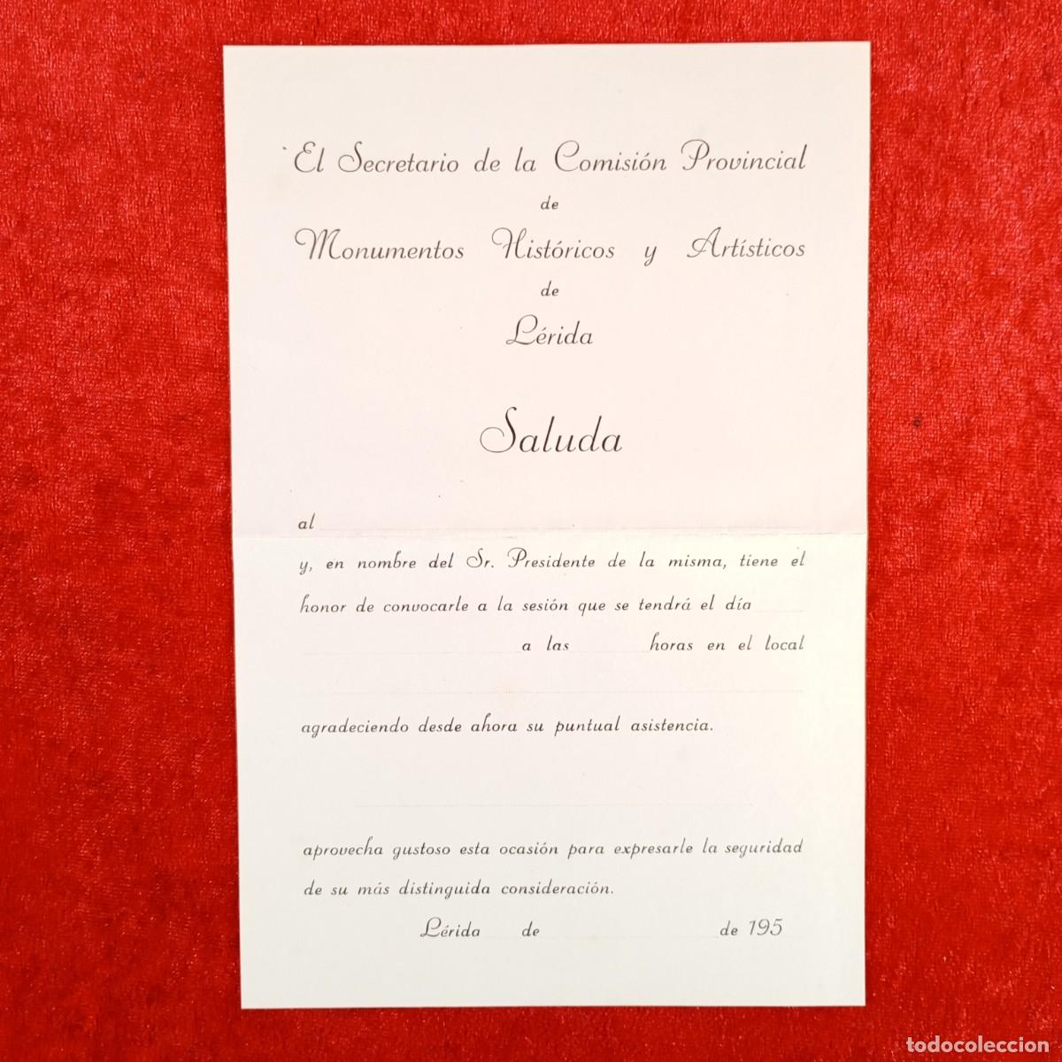 Documentos antiguos: INVITACI&Oacute;N - SECRETARIO DE LA COMISI&Oacute;N PROVINCIAL DE MONUMENTOS HIST&Oacute;RICOS Y ART&Iacute;STICOS L&Eacute;RIDA / 729