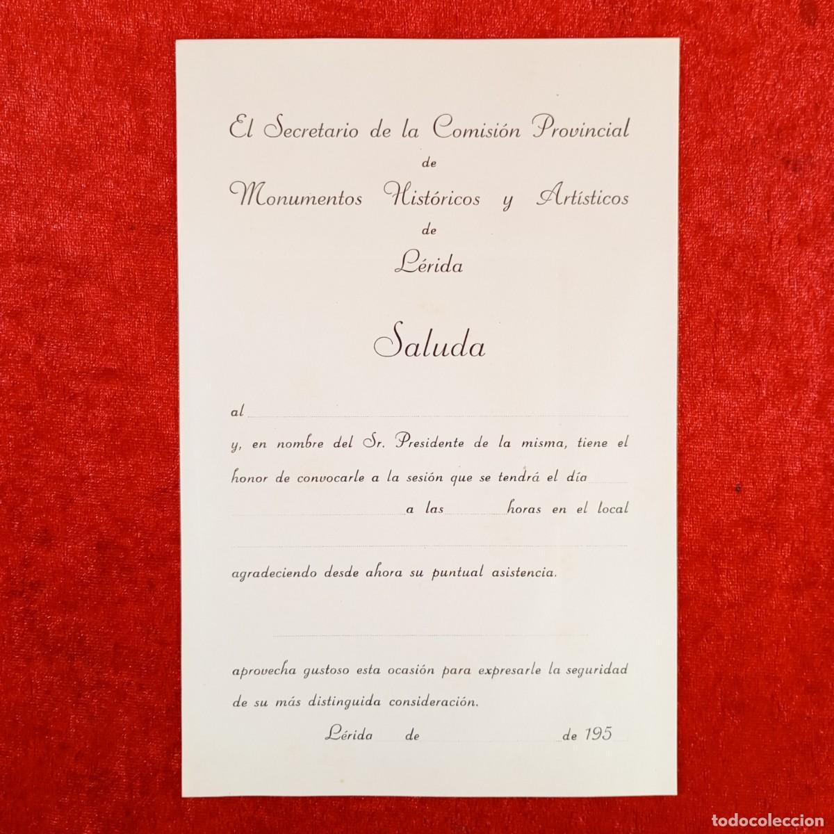 Documentos antiguos: INVITACI&Oacute;N - SECRETARIO DE LA COMISI&Oacute;N PROVINCIAL DE MONUMENTOS HIST&Oacute;RICOS Y ART&Iacute;STICOS L&Eacute;RIDA / 730