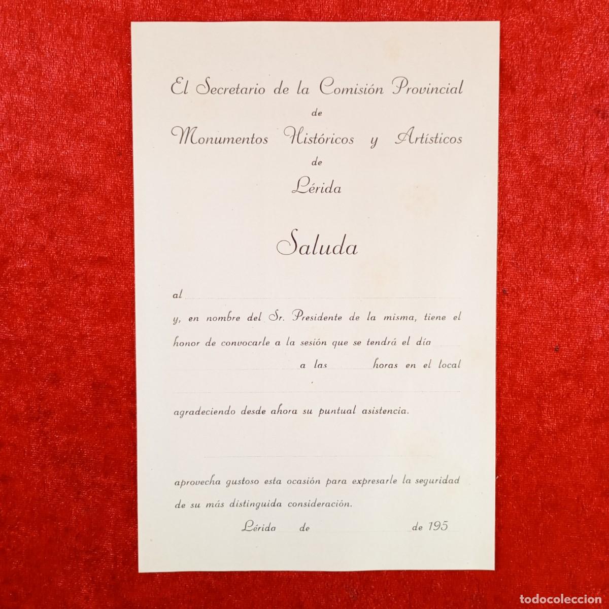 Documentos antiguos: INVITACI&Oacute;N - SECRETARIO DE LA COMISI&Oacute;N PROVINCIAL DE MONUMENTOS HIST&Oacute;RICOS Y ART&Iacute;STICOS L&Eacute;RIDA / 731