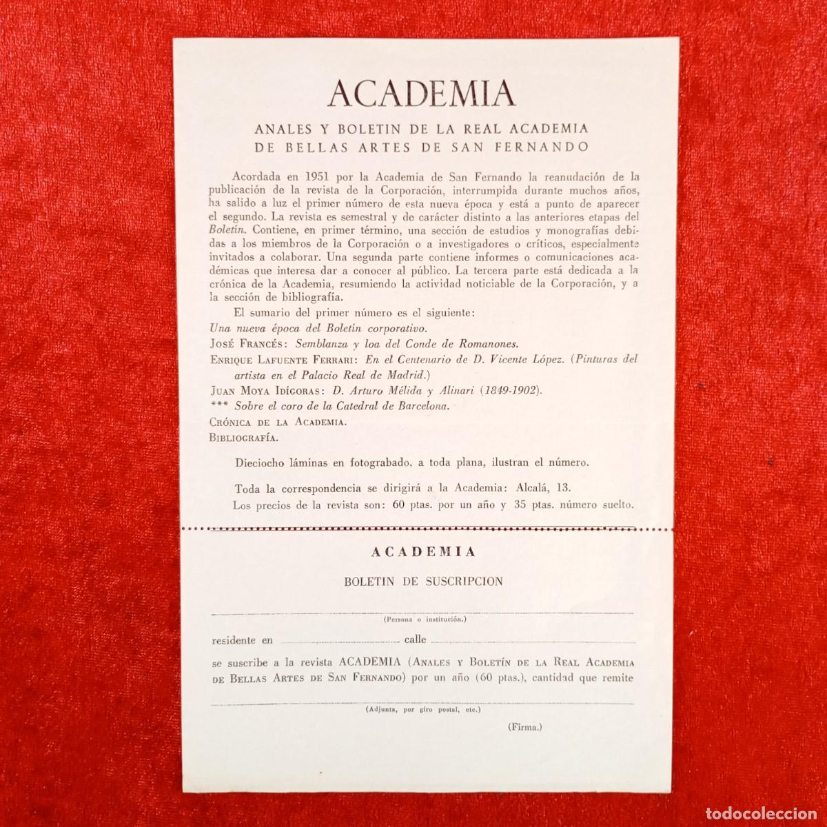 Documentos antiguos: ACADEMIA - ANALES Y BOLETIN DE LA REAL ACADEMIA DE BELLAS ARTES DE SAN FERNANDO - SUSCRIPCI&Oacute;N / 732