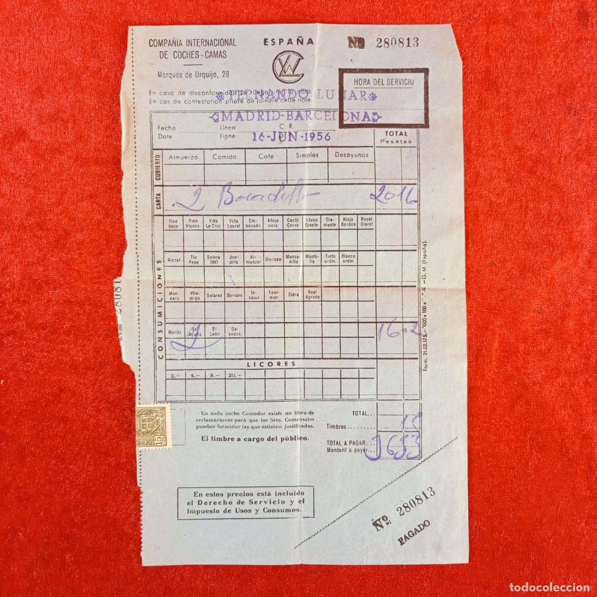 Documentos antiguos: COMPA&Ntilde;IA INTERNACIONAL DE COCHES-CAMAS - RECIBO DE SERVICIO / 750