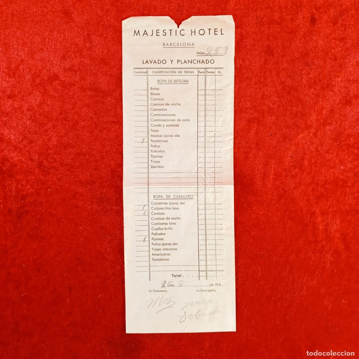 Documentos antiguos: MAJESTIC HOTEL - BARCELONA - RECIBO - A&Ntilde;OS 50 - SERVICIO DE LAVADO Y PLANCHADO / 751