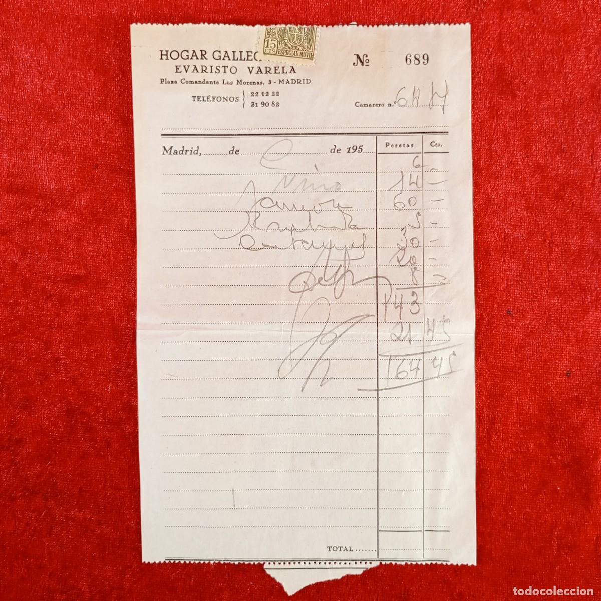 Documentos antiguos: HOGAR GALLEGO - EVARISTO VARELA - MADRID - 195? - RECIBO / 754