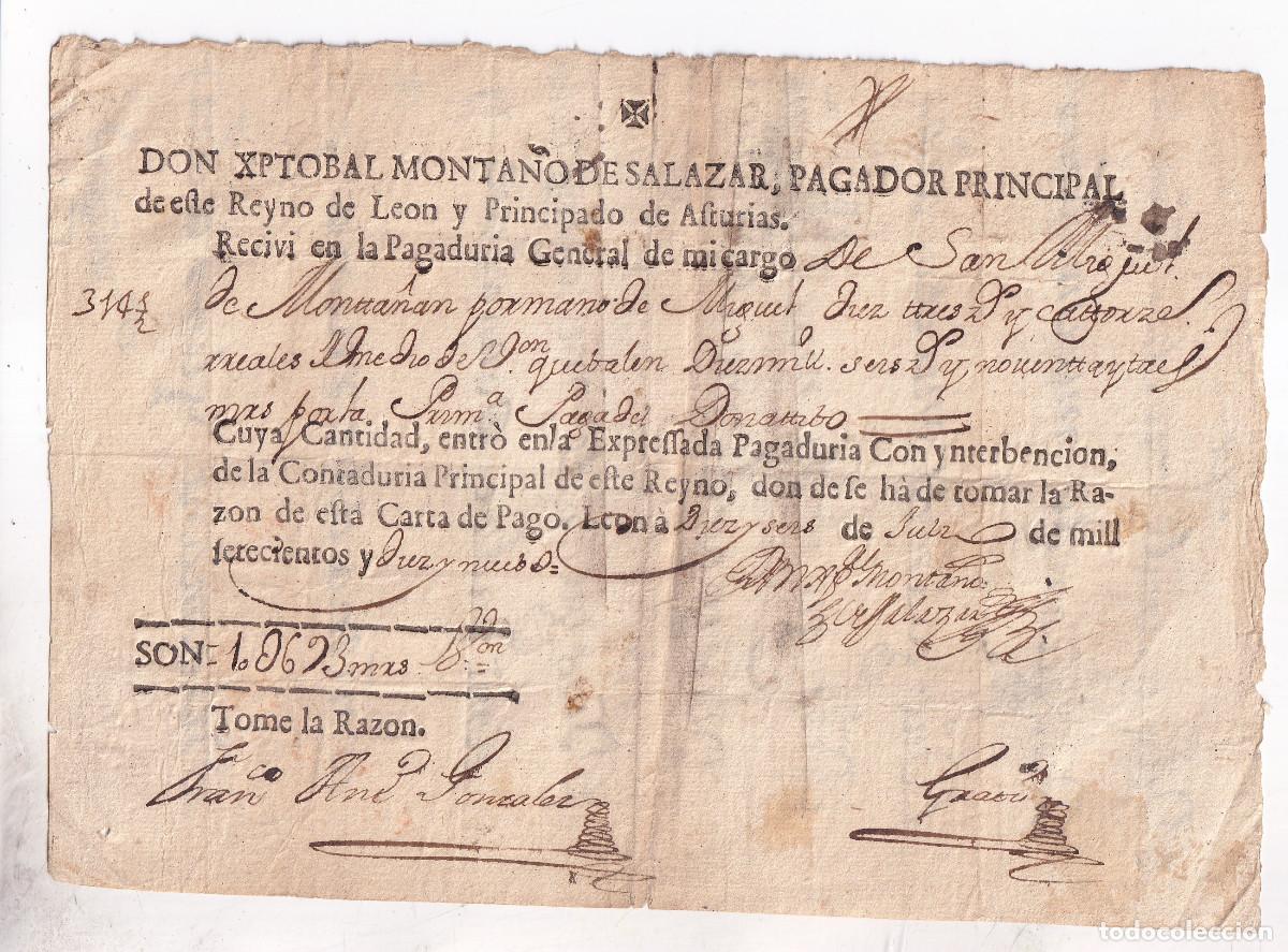 Documentos antiguos: CRIST&Oacute;BAL MONTA&Ntilde;O DE SALAZAR. CARTA DE PAGO DE SAN MIGUEL DE MONTA&Ntilde;&Aacute;N, LE&Oacute;N. 1718