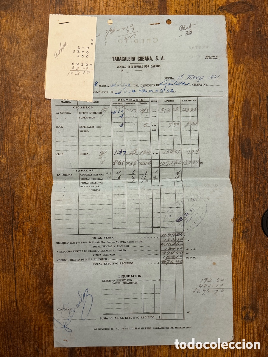 Documentos antiguos: Documento de la Empresa Tabacalera Cubana S.A 1961