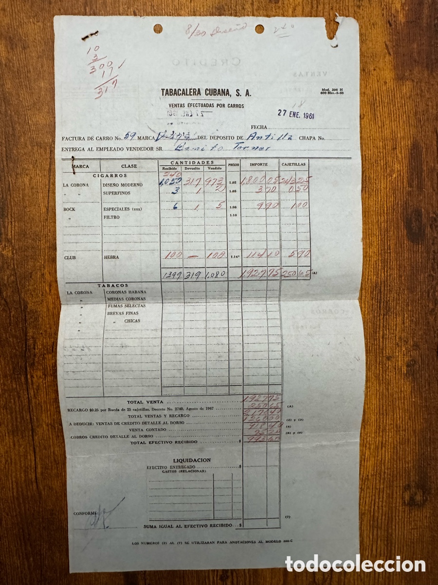 Documentos antiguos: Documento de la Empresa Tabacalera Cubana S.A 1961