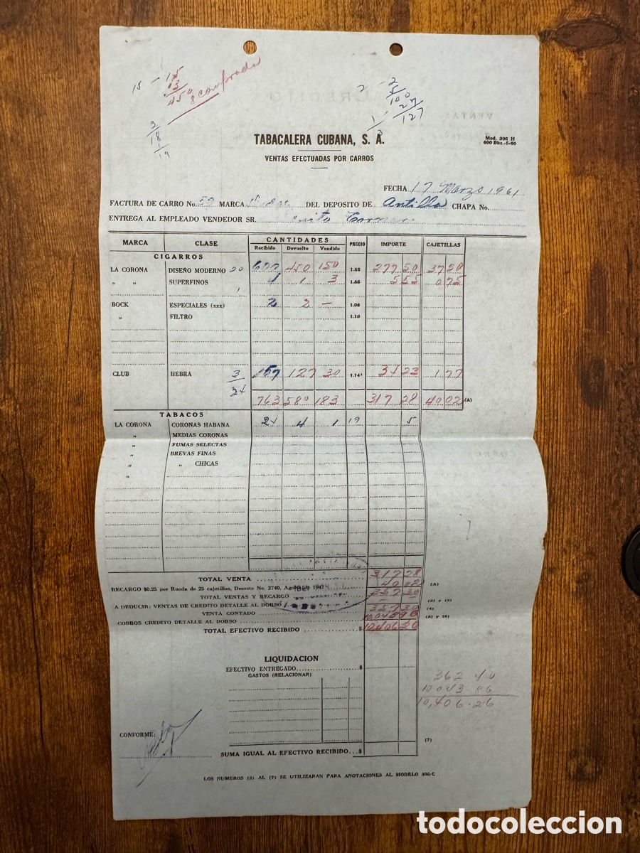 Documentos antiguos: Documento de la Empresa Tabacalera Cubana S.A 1961