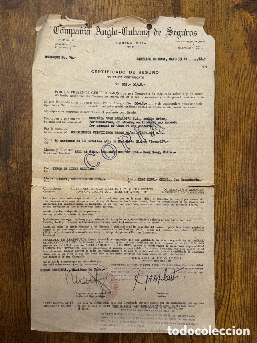 Documentos antiguos: Documento de la Compa&ntilde;ia Anglocubana de Seguros, venta de Ron Bacardi 1952