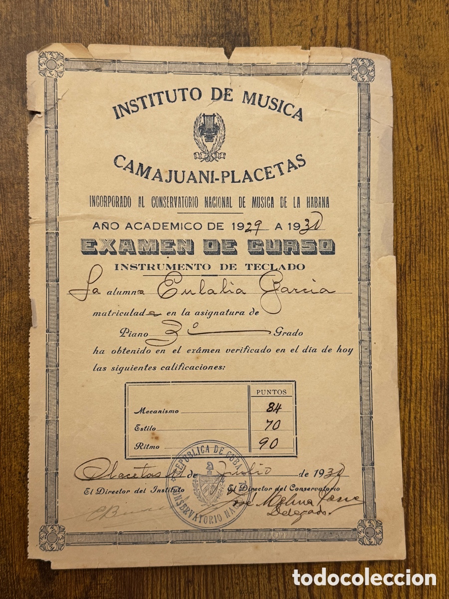 Documentos antiguos: Diploma Instituto de Musica Camajuani-Placetas. Cuba 1930