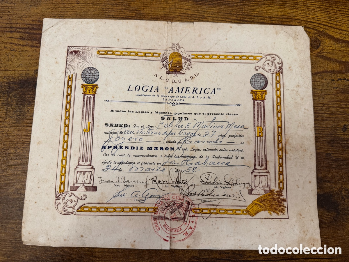 Documentos antiguos: Diploma de la Logia America 1958. La Habana Cuba. Mason