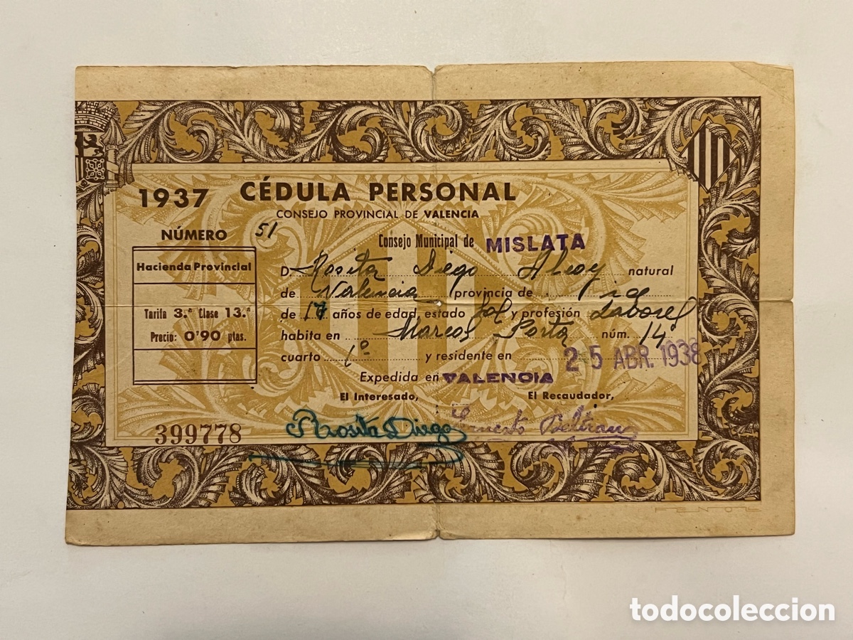 Documentos antiguos: C&Eacute;DULA PERSONAL. Consejo Municipal de Mislata. Se&ntilde;orita de profesi&oacute;n Sus Labores, Valencia (a.1938)