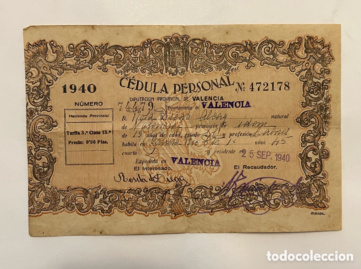 Documentos antiguos: C&Eacute;DULA PERSONAL. Diputaci&oacute;n Provincial de Valencia. Se&ntilde;orita, de profesi&oacute;n Sus Labores (a.1940)