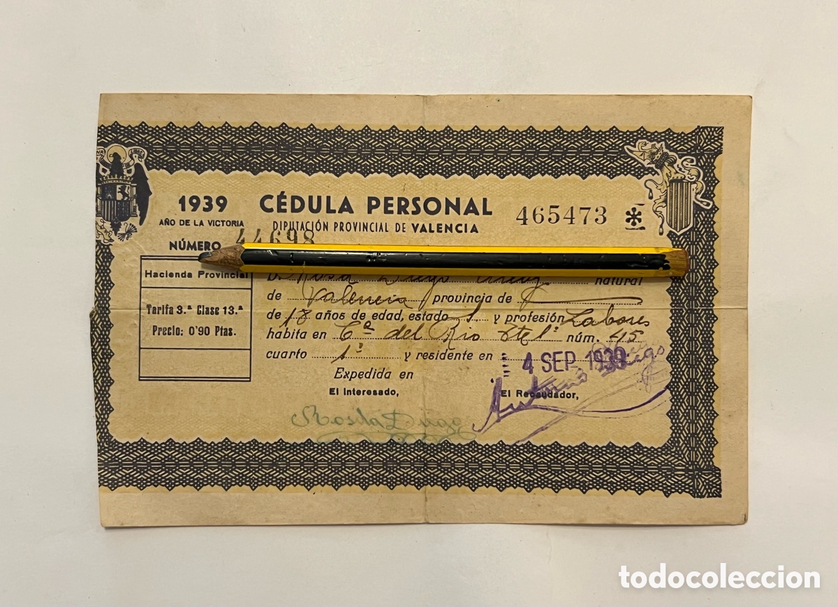 Documentos antiguos: C&Eacute;DULA PERSONAL. 1939 A&Ntilde;O DE LA VICTORIA. Diputaci&oacute;n Provincial de Valencia