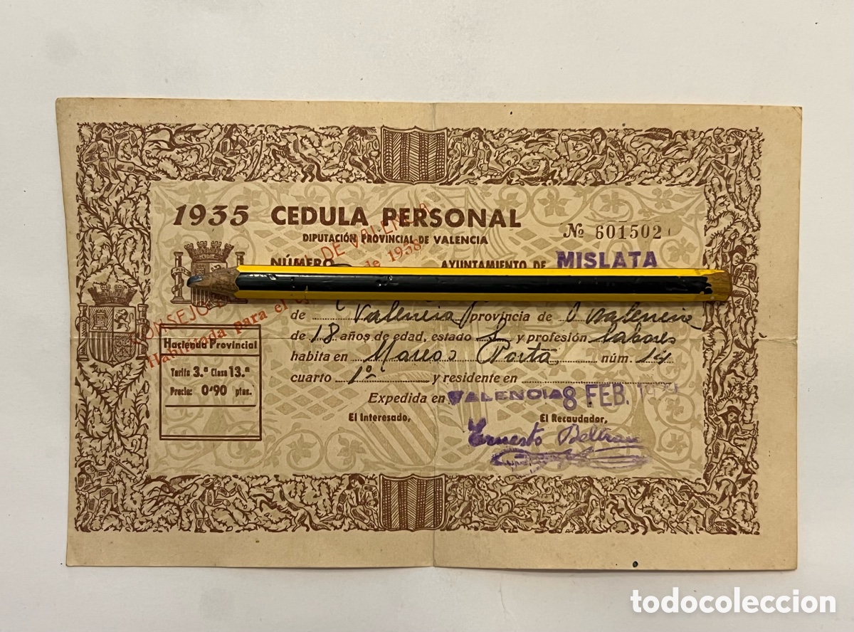 Documentos antiguos: C&Eacute;DULA PERSONAL. Diputaci&oacute;n Provincial de Valencia. Se&ntilde;orita, de profesi&oacute;n Sus Labores (a.1935)