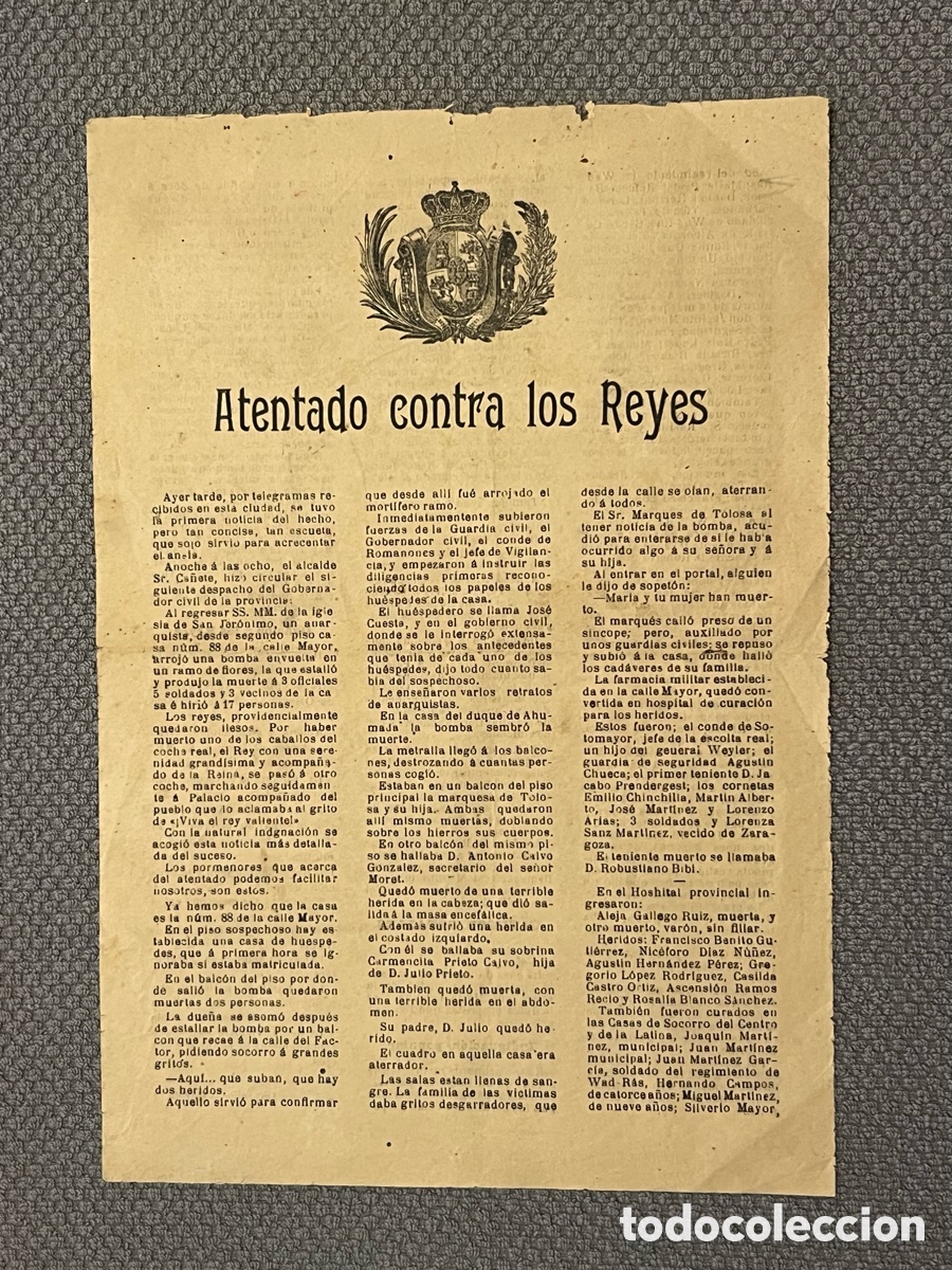 Alte Dokumente: ATENTADO CONTRA LOS REYES.. Bando Popular. Atentado contra los Reyes Alfonso XIII y Victoria Eugenia