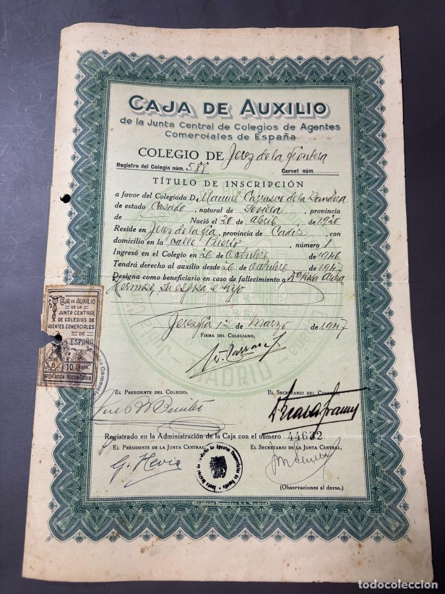 Documentos antiguos: JEREZ DE LA FRONTERA 1947 &ndash; CAJA DE AUXILIO &ndash; COLEGIO DE AGENTES COMERCIALES &ndash; REGLAMENTO