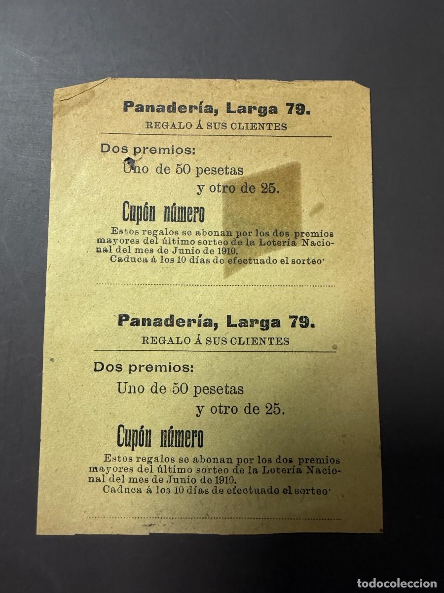 Documentos antiguos: C&Aacute;DIZ 1910 &ndash; 2 CUPONES PANADER&Iacute;A CALLE LARGA 79 &ndash; REGALO A SUS CLIENTES &ndash; LOTER&Iacute;A NACIONAL