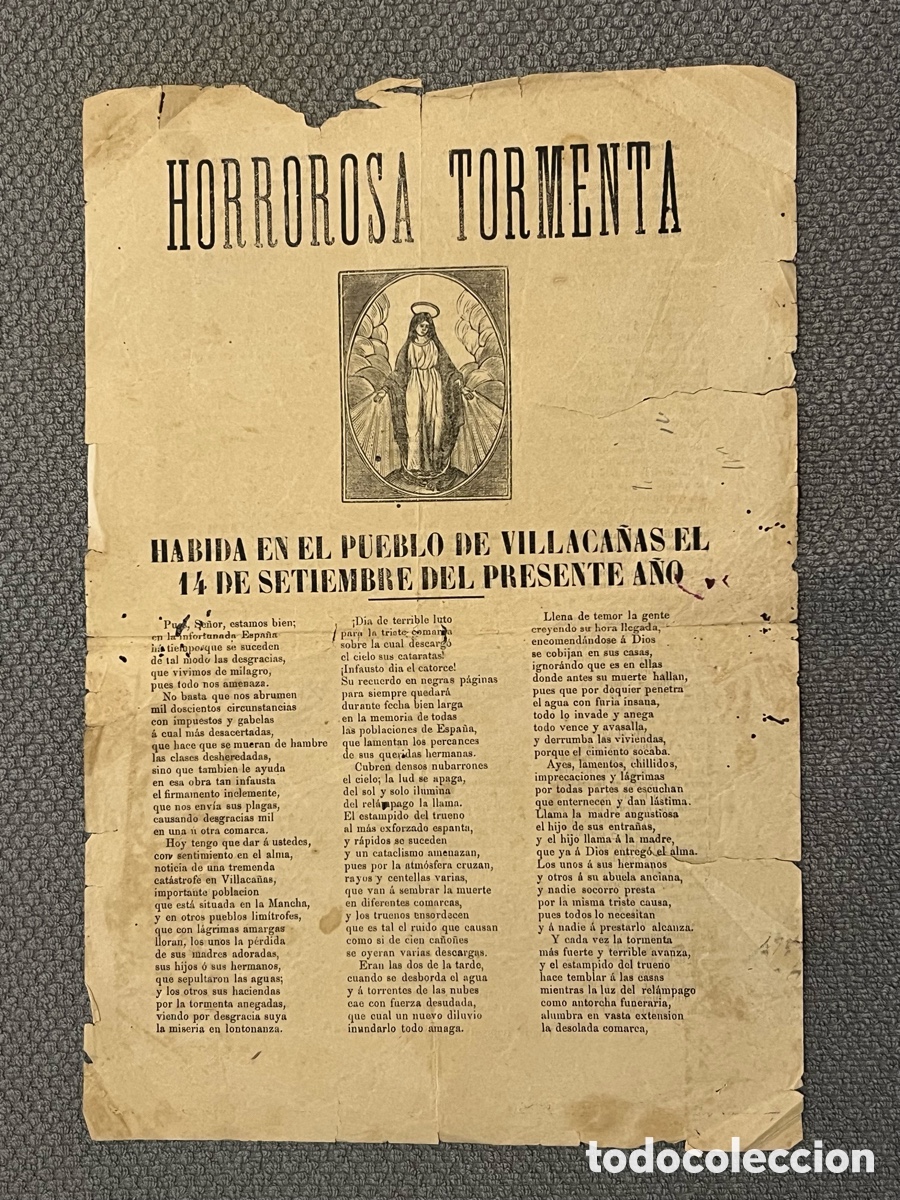 Documenti antichi: HORROROSA TORMENTA HABIDA EN EL PUEBLO DE VILLACA&Ntilde;AS EL 14 DE SETIEMBRE DEL PRESENTE A&Ntilde;O
