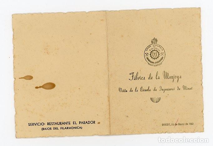 Documentos antiguos: OVIEDO. ASTURIAS. FABRICA DE LA MANJOYA. Visita de la Escuela de Ingenieros de Minas. MENU