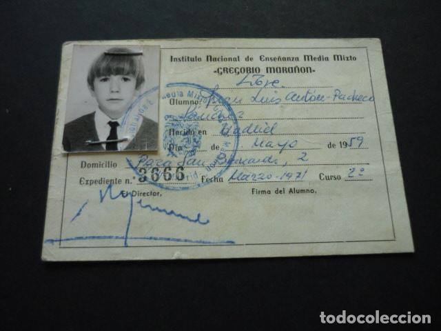 Documentos antigos: CARNET ALUMNO INSTITUTO GREGORIO MARA&Ntilde;ON MADRID