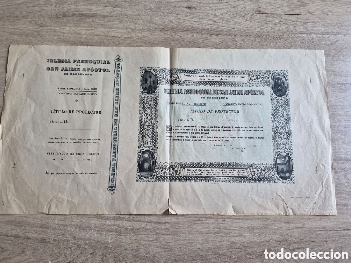 Documentos antiguos: T&iacute;tulo de Protector de Iglesia Parroquial de SAN JAIME APOSTOL - Barcelona - 69 x 35 cm. - A&ntilde;os 40
