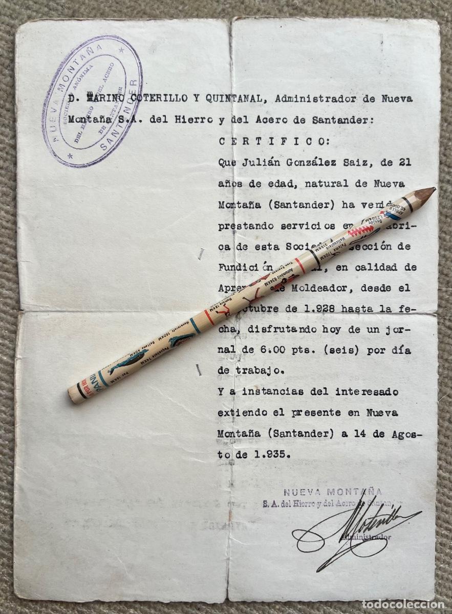 Documentos antiguos: Carta de la empresa Nueva Monta&ntilde;a, S. A. - Santander, 1935 - Certificado de Salario de un obrero