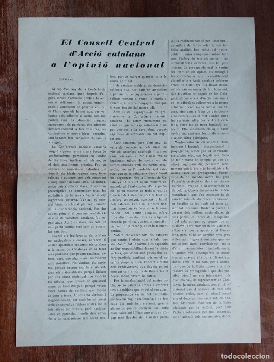 Documentos antiguos: EL CONSELL CENTRAL D'ACCI&Oacute; CATALANA A L'OPINIO NACIONAL 1923