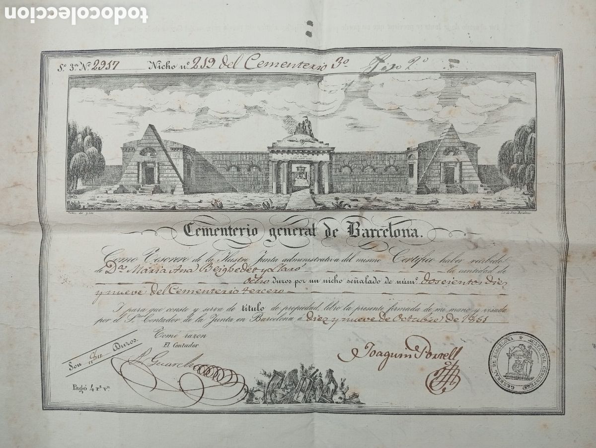 Documentos antiguos: Cementerio general de Barcelona 1851 - Foto 2