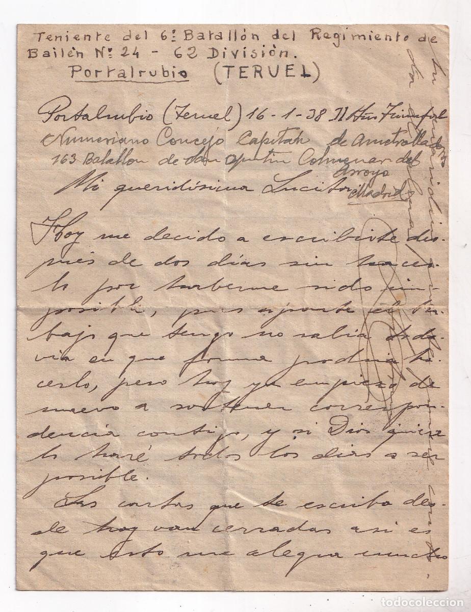 Documentos antiguos: CARTA AL TENIENTE DEL 6 BATALL&Oacute;N DEL REG. BAIL&Eacute;N N&ordm; 24, 62 DIVISI&Oacute;N. 1938. PORTALRUBIO, TERUEL