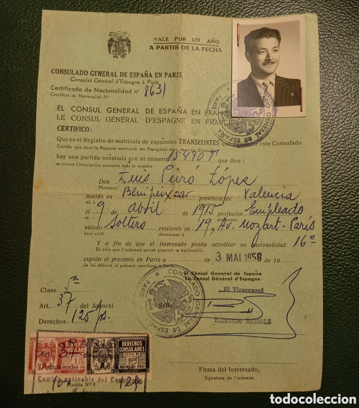 Documentos antiguos: Certificado de Nacionalidad Espa&ntilde;ola en Paris