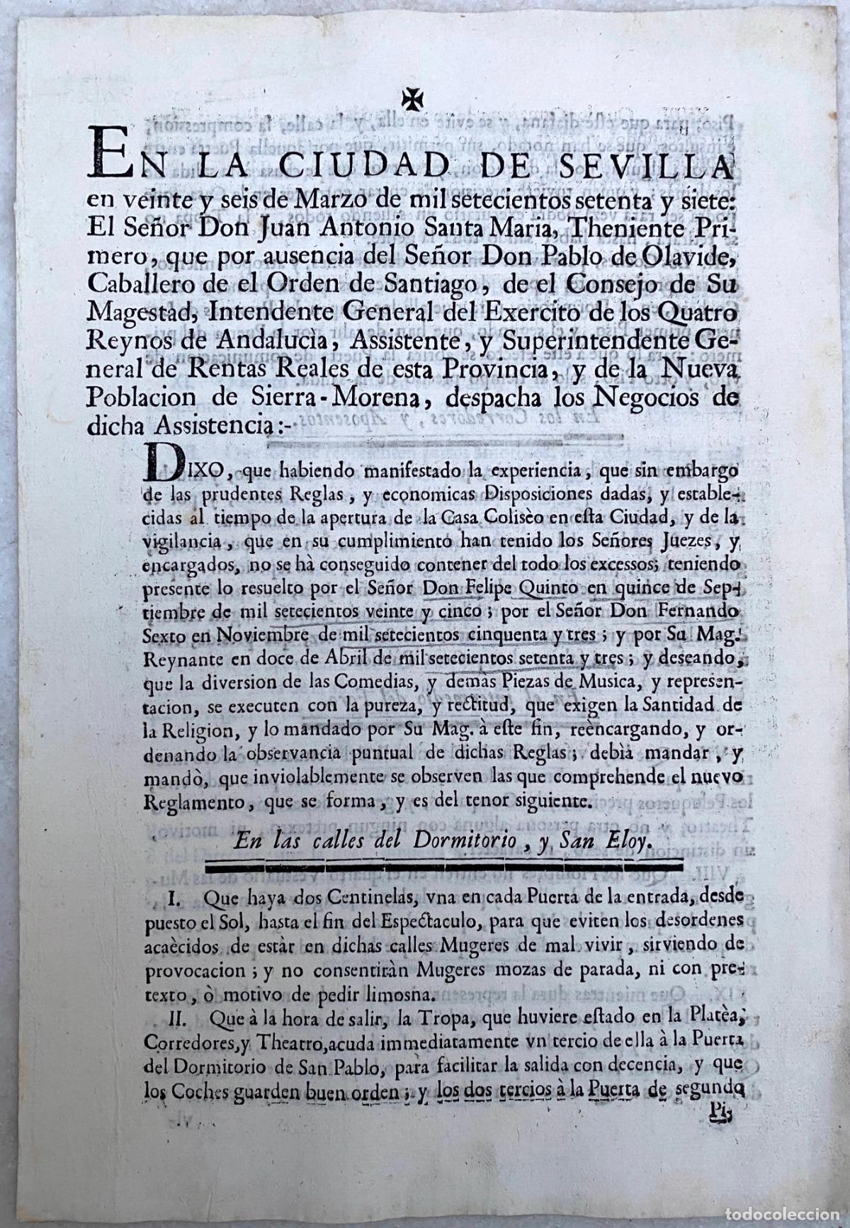 Documentos antiguos: OLAVIDE, Pablo de. [Reglamento para la ejecuci&oacute;n de Comedias]. 1777.