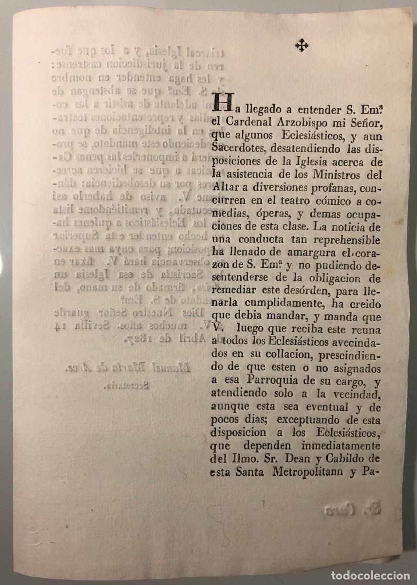 Documentos antiguos: PROHIBICI&Oacute;N AL CLERO DE SEVILLA DE ASISTIR AL TEATRO. 1827.