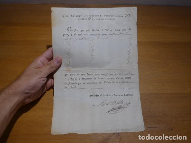 Documentos antiguos: Antiguo documento de la Junta de Sanidad de la Isla de Menorca en 1822, libre de la peste, Baleares