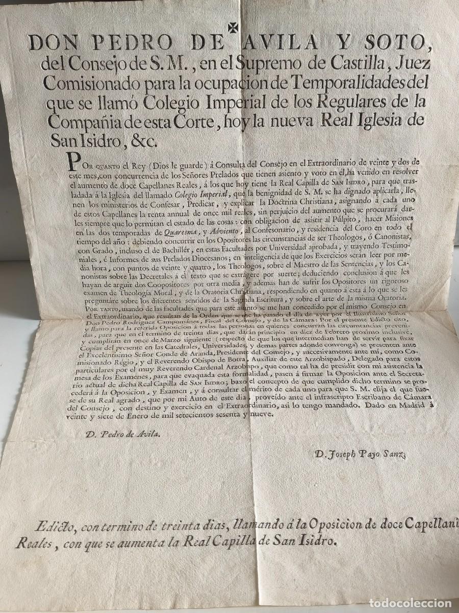 Documenti antichi: ANTIGUO EDICTO HIST&Oacute;RICO DE 1769. CONVOCATORIA A CAPELLANES REALES. REAL IGLESIA DE SAN ISIDRO