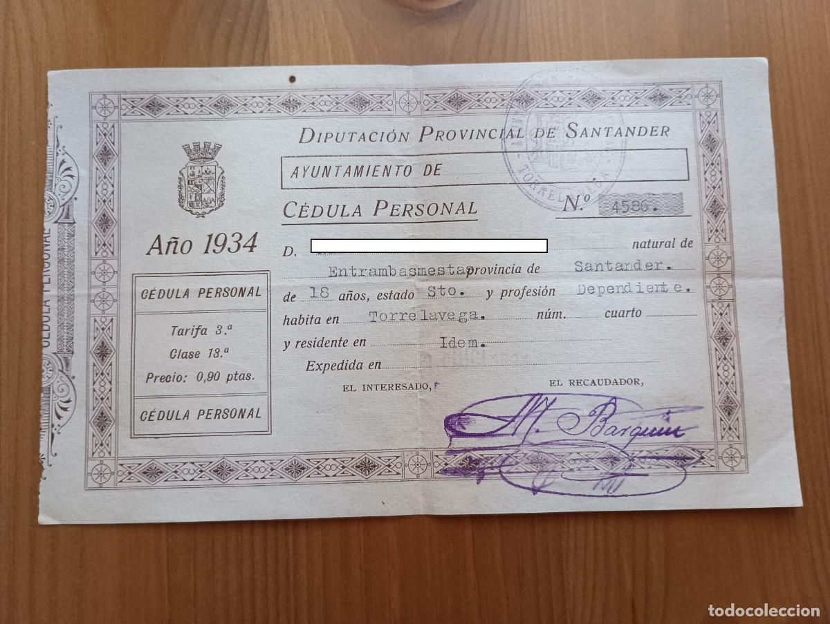 Documentos antiguos: CEDULA PERSONAL 1934 DIPUTACION PROVINCIAL DE SANTANDER