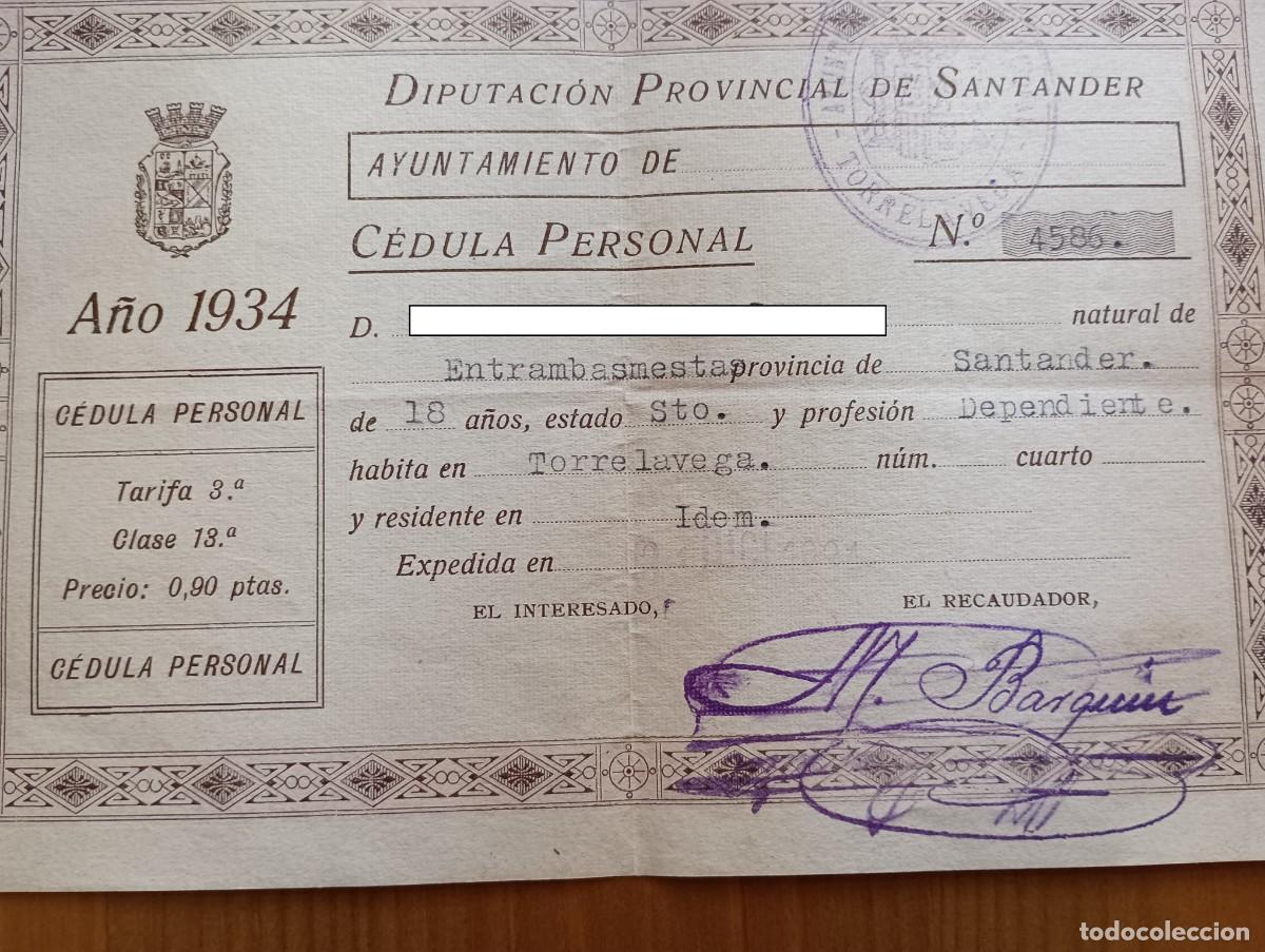 Documentos antiguos: CEDULA PERSONAL 1934 DIPUTACION PROVINCIAL DE SANTANDER - Foto 2