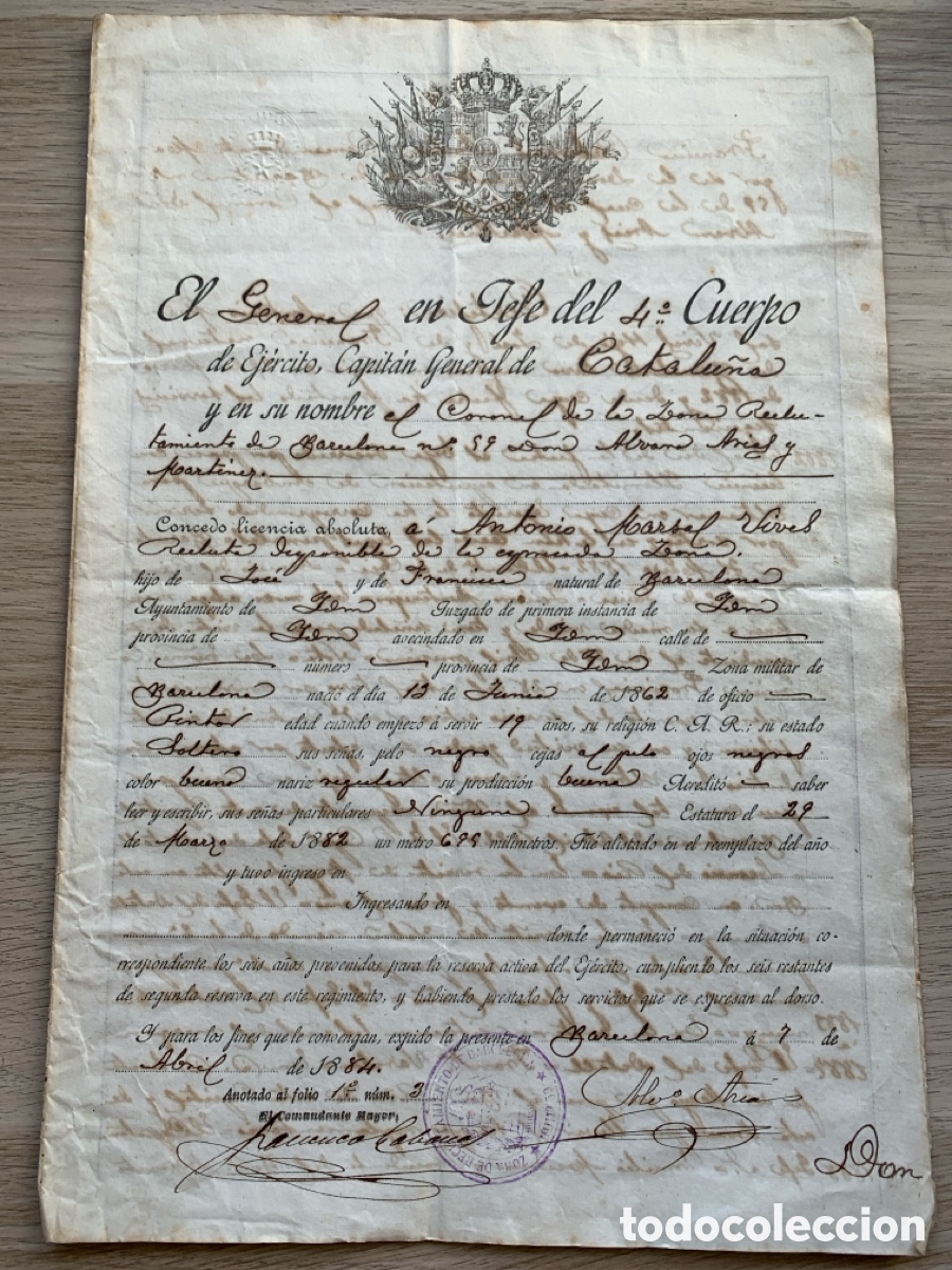 Documenti antichi: LICENCIA RECLUTAMIENTO N&deg;59 1882 EL GENERAL JEFE 4&deg; CUERPO EJ&Eacute;RCITO CATALU&Ntilde;A