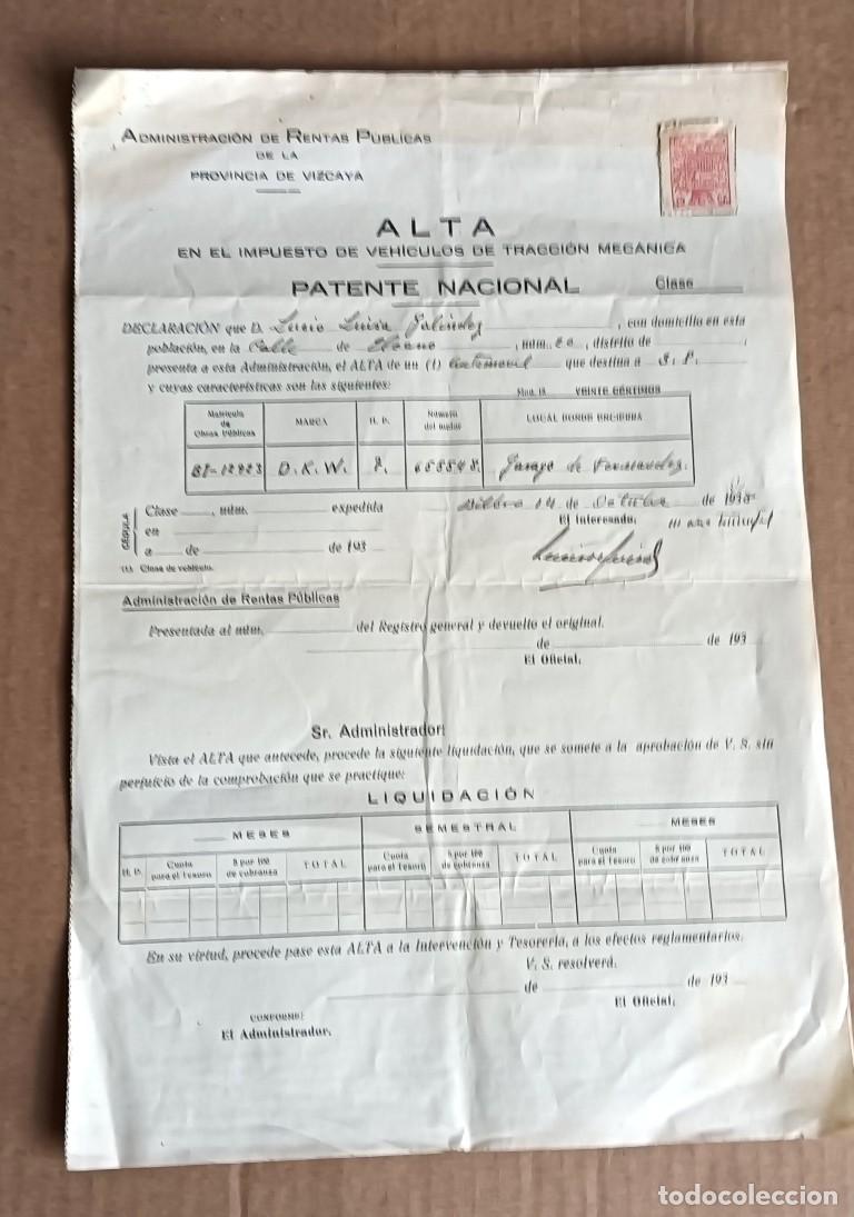 Documentos antiguos: Alta de un veh&iacute;culo de tracci&oacute;n mec&aacute;nica administraci&oacute;n de la renta p&uacute;blica ...... Vizcaya 1938