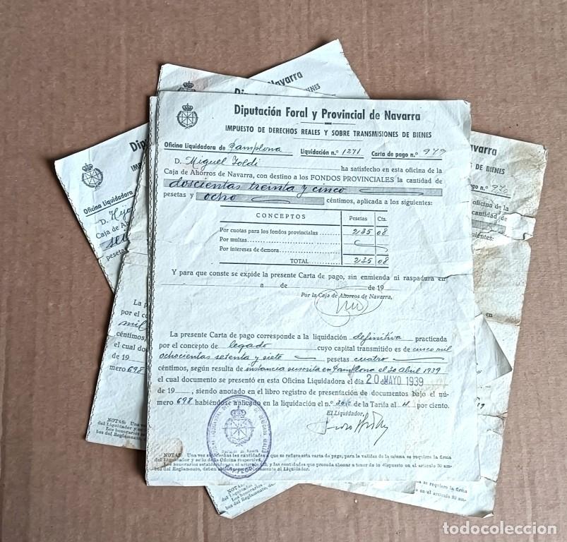 Documentos antiguos: Lote de 5 cartas de pago 1939 Diputaci&oacute;n Foral provincial de Navarra impuestos y derechos reales so