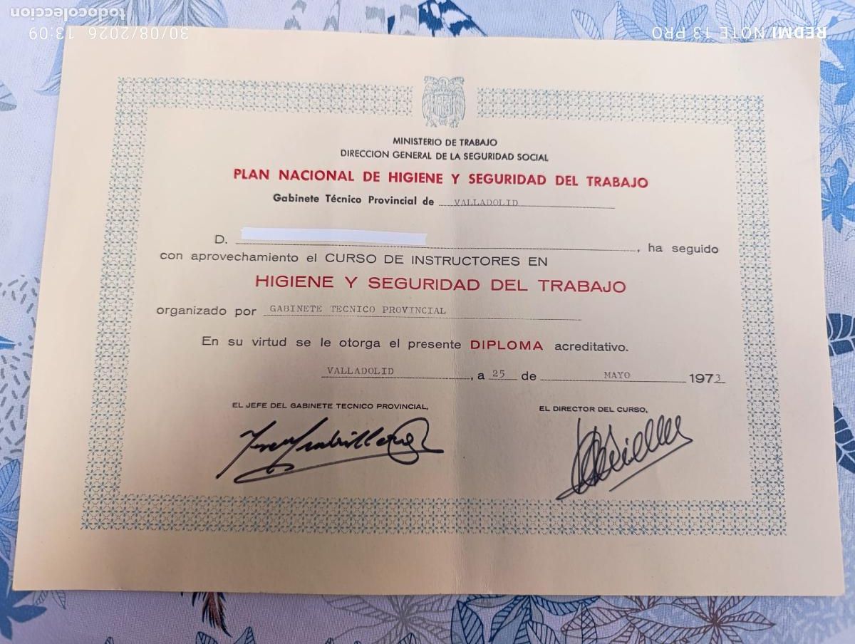 Documentos antiguos: DIPLOMA SEGURIDAD SOCIAL.
