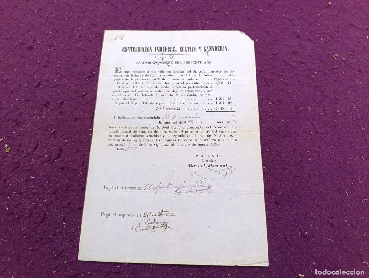 Alte Dokumente: AD6, Antiguo Documento, Almorad&iacute;, Alicante, 1846, Recibo de Contribuci&oacute;n
