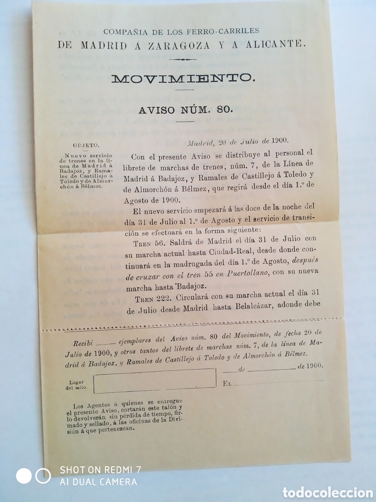 Documents Anciens: Aviso de movimiento de la C&iacute;a de los ferrocarriles MZA Madrid -Zaragoza- Alicante julio de 1900