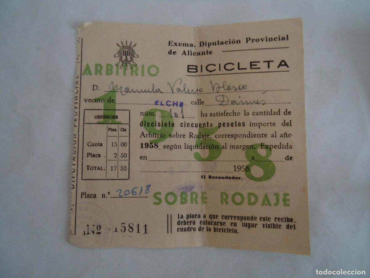Old Documents: RECIBO DE LA DIPUTACION DE ALICANTE DEL A&Ntilde;O 1958 ARBITRIO DE RODAJE DE BICICLETAS. PP -13