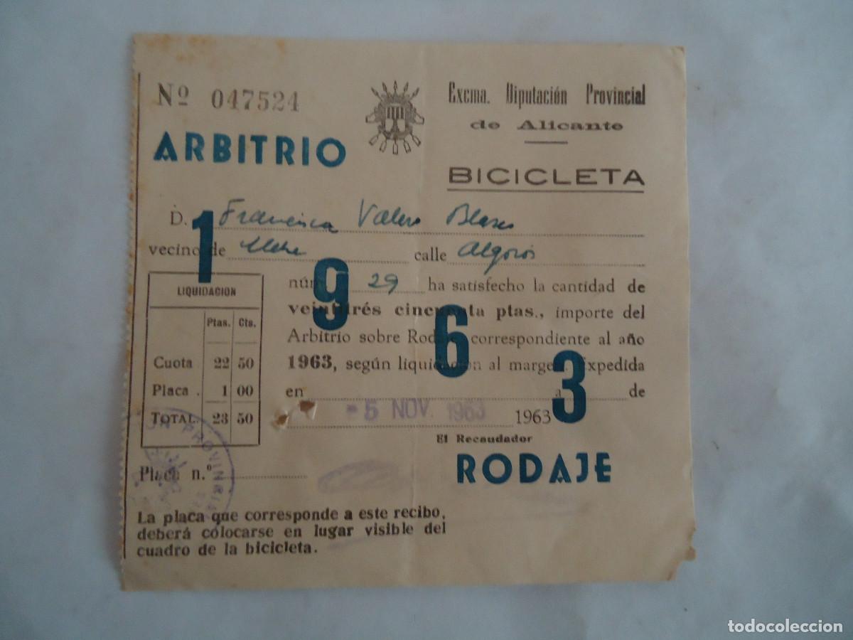 Old Documents: RECIBO DE LA DIPUTACION DE ALICANTE DEL A&Ntilde;O 1963 ARBITRIO DE RODAJE DE BICICLETAS. PP -13