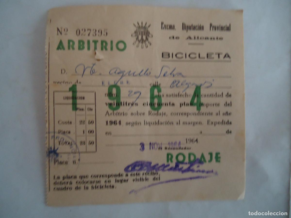 Documentos antigos: RECIBO DE LA DIPUTACION DE ALICANTE DEL A&Ntilde;O 1964 ARBITRIO DE RODAJE DE BICICLETAS. PP -13