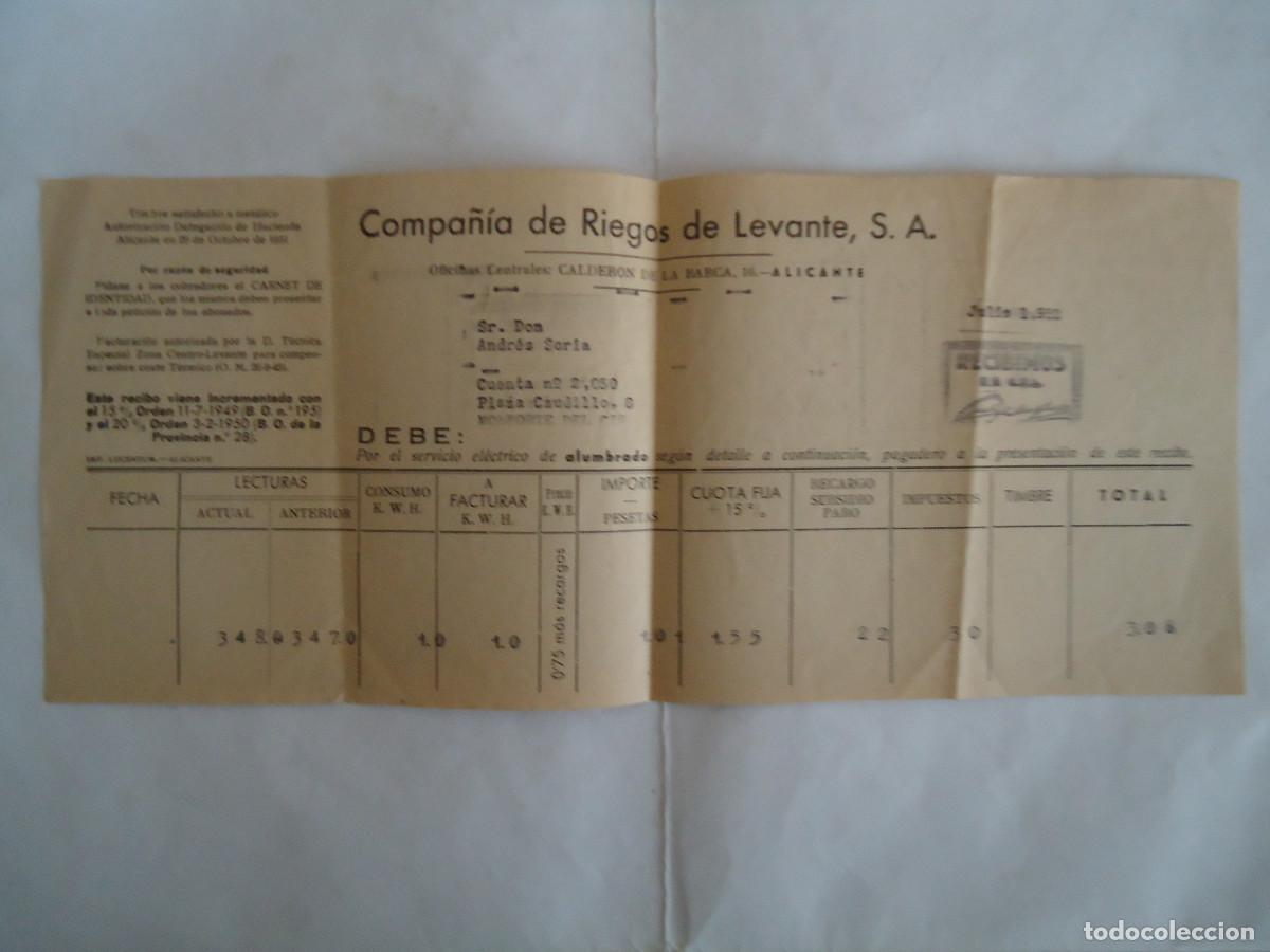Documents Anciens: RECIBO DE LA COMPA&Ntilde;IA DE RIEGOS DE LEVANTE S.A. ALICANTE A&Ntilde;O 1952. PP -13