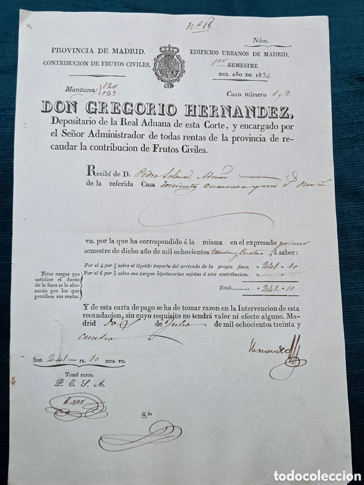 Documenti antichi: MADRID 1834 RECIBO CONTRIBUCI&Oacute;N FRUTOS CIVILES